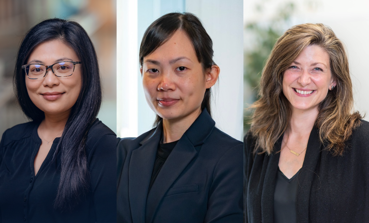 Three women, side by side. Carla Ferreira, the woman on the left, has long black hair and glasses, and is wearing a black blouse. Melissa Li Sheung Ying, the woman in the middle, has her hair tied back and is wearing a dark blazer, posing in front of a bright window. Elisabeth Bailey, the woman on the right, has light brown hair and a black blazer, and is posing in from of a bright window.